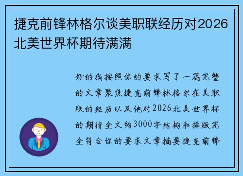 捷克前锋林格尔谈美职联经历对2026北美世界杯期待满满 捷克前锋林格尔谈美职联经历对2026北美世界杯期待满满